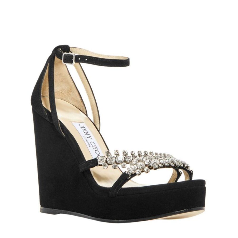 Jimmy Choo Womens Leather Bing Embellished Wedge Sandals US 7.5 / IT 37.5 Black